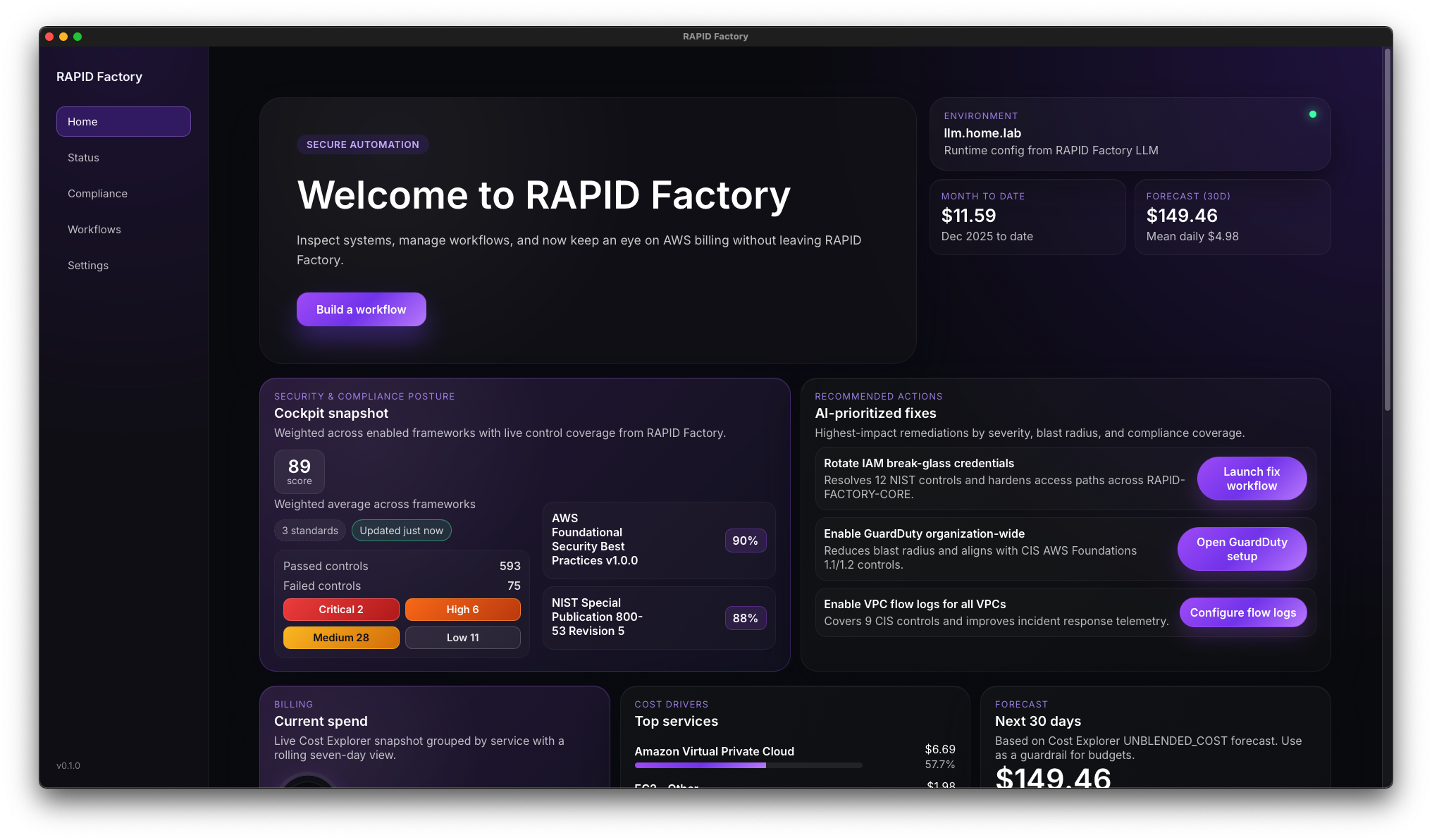 RapidFactory home view with environment summary