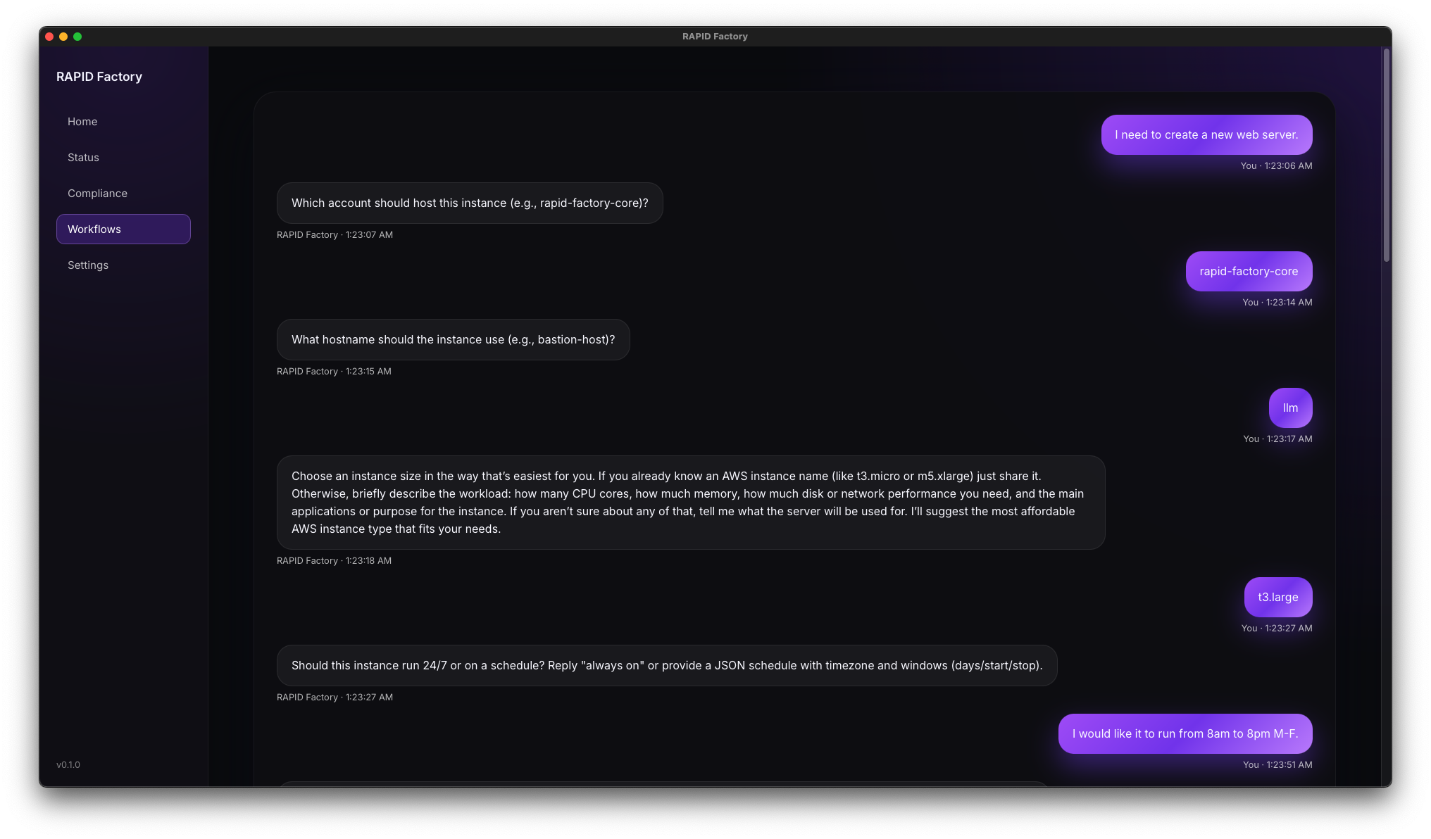 RapidFactory workflows view